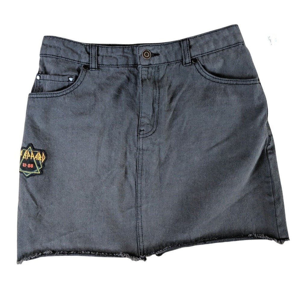 Def Leppard Womens Jrs Denim Mini Skirt 5 Distressed Embroidered Patch Festival